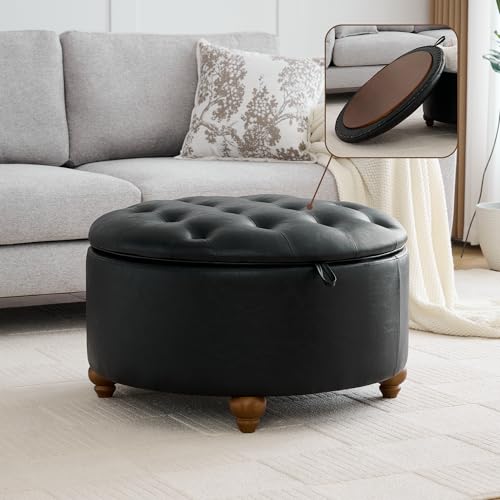 WUTUTUEE 30Inch Round Storage Ottoman with Tray, Modern Tufted Leather Circle Coffee Table with Storage, Upholstered Ottoman with Removable Top for Living Room, Bedroom, Leather Black - color: Leather Black, size: 30 Inch
