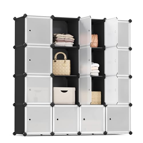 SONGMICS Cube Storage Organizer, Set of 16 Plastic Cubes, Closet Storage Shelves, DIY Plastic Closet Cabinet, Modular Bookcase, Shelving with Doors for Bedroom, Living Room, Black and White ULPC44HS - color: Black, size: 16 Cubes, style: with doors