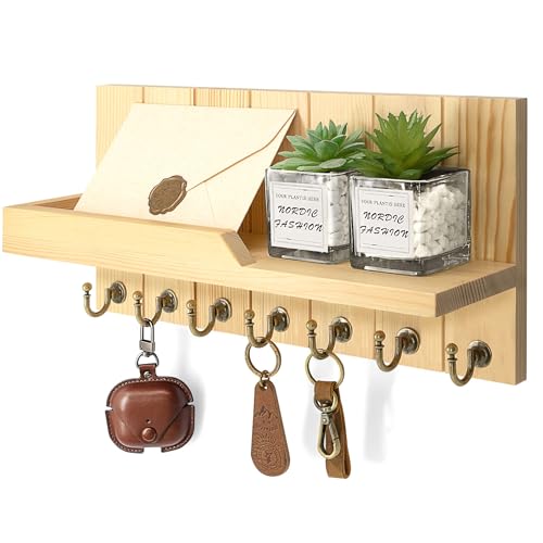 Rebee Vision Farmhouse Pine Key Holder Wall Mount for Room Decor - Key Holder for Wall with Floating Shelf for Placeable Plants- Rustic Key Hanger for Apartment Essentials (Original Wood,15-inch) - color: Original Wood, size: 15-inch