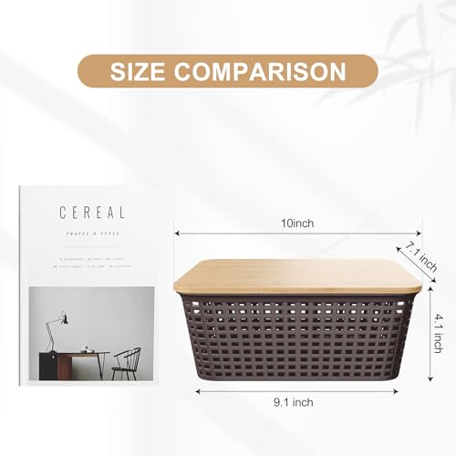 6Pcs Storage Bins with Lids, Stackable Plastic Storage Basket with Bamboo Lid, Pantry Organizer Box Small Containers for Organizing Shelves Drawer Desktop Closet Cabinet Office Classroom 10x7.1x4.1in - color: Brown