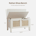 SICOTAS Rattan Shoe Rack Bench with Lift Top Storage: White Farmhouse Boho Shoe Cabinet Entryway Bench with Safety Hinges, Wooden Storage Chest for Bedroom, Entryway, Hallway, Living Room - color: White Cream Oak