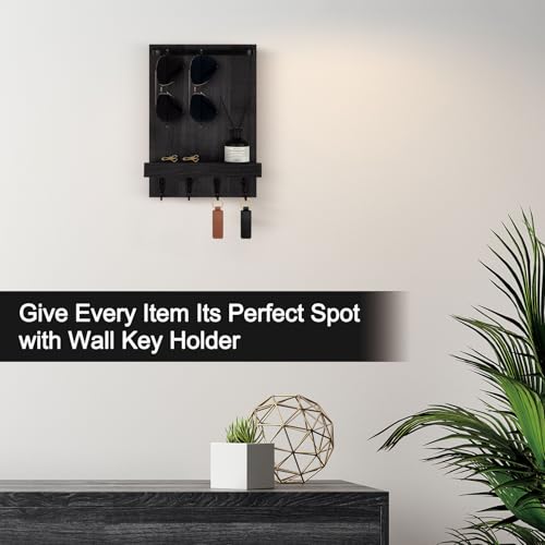 Key Holder Wall Mount, Key Holder for Wall with 4 Hooks, Farmhouse Key Hanger Holds Dog Leash, Sunglasses – Decorative Mail Organizer Home Decor (Black) - color: Black