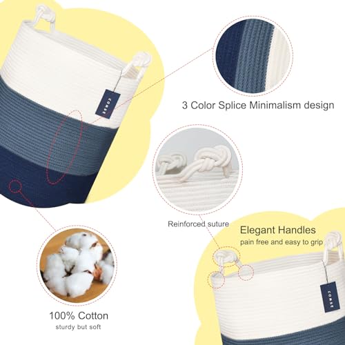 COMSE Extra Large Blanket Basket, Tall Woven Storage Basket, Nursery Hamper, 15.7”x 21.7”, Cotton Rope Laundry Hamper for Toys Clothes Towels, White/Cadet Blue/Navy Blue - color: White & Cadet Blue & Navy Blue