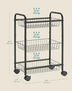 SONGMICS 3-Tier Metal Rolling Cart on Wheels with Baskets, Lockable Utility Trolley with Handles for Kitchen Bathroom Closet, Storage with Removable Shelves, Black UBSC03BK - color: Black
