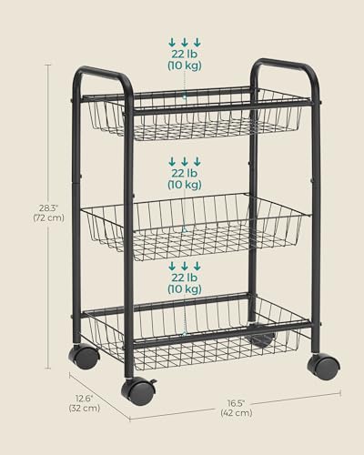 SONGMICS 3-Tier Metal Rolling Cart on Wheels with Baskets, Lockable Utility Trolley with Handles for Kitchen Bathroom Closet, Storage with Removable Shelves, Black UBSC03BK - color: Black