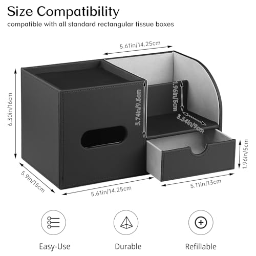 Leather Nightstand Organizer with Tissue Holder,Square Tissue Box Cover with Organizer, Decorative Modern Facial Paper Storage Box for Bathroom Living Room Vanity Table Countertop Office Black - color: Black