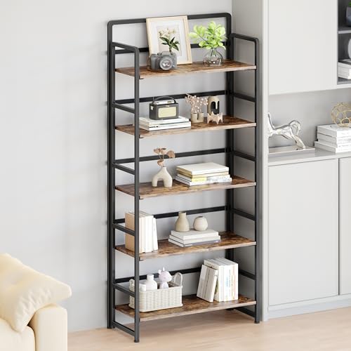 No Assembly Folding Bookshelf, 5 Tiers Collapsible Book Shelf for Home Office, Vintage Wood Foldable Bookcase Storage Organizer for Living Room Bedroom (Rustic Brown) - color: Rustic Brown, size: 5-tier