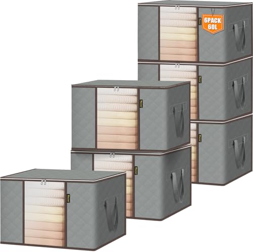 BALEINE 6 Pack Clothes Storage Bags, 16 Gallon Storage Containers with Reinforced Handle, Sturdy Zipper, Closet Organizer for Blanket, Comforter, Pillow, Bedding (Grey, 6 Pack) - color: Grey, size: 6 Pack-16 Gallon