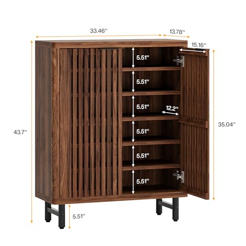 Tribesigns 6-Tier Shoe Cabinet with Shutter Doors, Large Wooden Shoe Organizer Rack with Adjustable Shelves, Modern Farmhouse Hidden Storage Furniture for Entryway, Hallway (Walnut) - color: Walnut