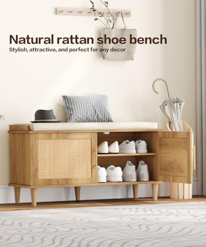 Akxomel Rattan Shoe Storage Bench with Cushion, 2-Tier Entryway Bench with Adjustable Shelves and 2 Doors, 15" D x 39.4" W x 20" H, Solid Wood Legs, for Hallway, Living Room, Bedroom, Natural Oak - size: 15"D x 39.4"W x 20"H