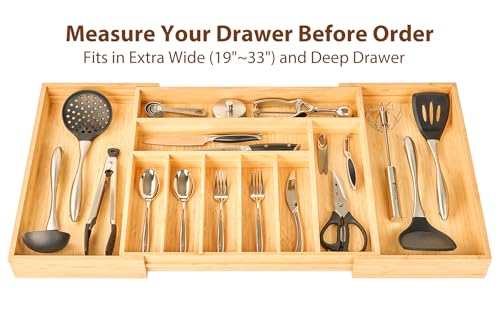 Umilife Extra Large Expandable Kitchen Siverware Utensils Drawer Organizer, 19" Deep for Big Drawer, Adjustable Bamboo Wood Drawer Divider with Curved Grooves, Cutlery Tray Flatware Holder - size: Expandable 19~33 x 19 inch
