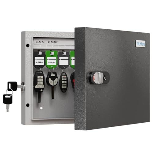 WeHere 16 Key Lock Box – Wall Mounted Key Cabinet with Dual Lock (Key & 3-Digit Combination), Home & Small Office Key Organizer for Entryway & Garage，Includes Key Tags - size: 16 Key Box (Basic)