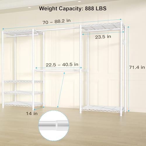Ulif E1 Heavy Duty Closet Garment Rack, 6 Tiers Adjustable Metal Freestanding Expandable Clothing Storage with 4 Hanger Rods, Easy to Assemble Wardrobe, 71.4" H x (70" - 88.2") L x 14" D, White - color: White