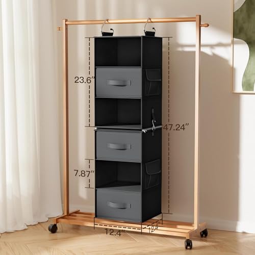 Pipishell 6-Shelf Hanging Closet Organizer with 2 Separable 3-Tier Shelves, 3 Drawers & Side Pockets Closet Organizers and Storage for Wardrobe Organization and Nursery Clothes Organizer, Black - color: Black