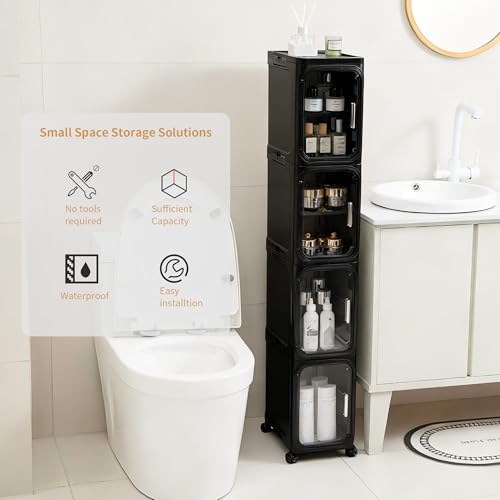 2-Tier Slim Narrow Storage Cabinet with Adjustable Shelves and Movable Wheels, Anti-Tip, Bathroom Storage and Organizers for Small Space, Bathroom, Kitchen, Laundry, Black - color: Black, size: 2-Tier