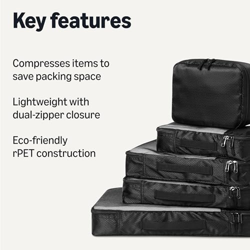 Amazon Essentials 8-Piece Packing Cubes Travel Accessories Set, Luggage Organiser with Double Zip, rPET Construction, Space-Saving Design, Black - color: Black, size: 8 x Assorted Sizes