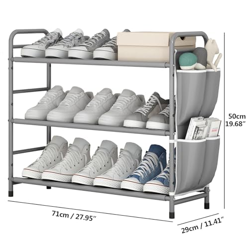 3 Tier Shoe Rack with Side Pockets, Shoe Organizer Space Saver Storage for 7-9 Pairs Shoes Storage Shelf Sturdy Free Standing Metal Long Shoe Holder Organizer for Closet, Entryway Grey - color: Grey, size: 3 Tier