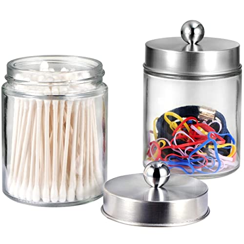 Amolliar 4Pc Apothecary Jars Bathroom Vanity Storage Organizer Set -Countertop Canister with Stainless Steel Lids &Stickers - Qtip Dispenser Holder for Qtip,Cotton Swab,Makeup Sponge (Brushed Nickel) - color: Brushed Nickel