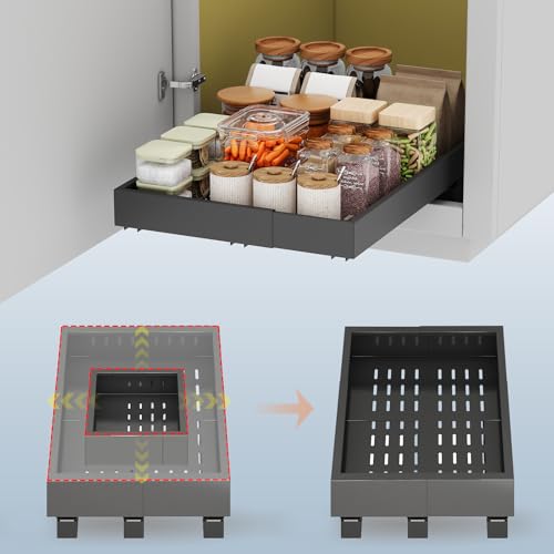 Pull out Cabinet Organizer,Expandable Width(11"-16"),Depth(17"-24") with 3 Rails,Roll out Drawers,No Drill Adjustable Slide out Shelves for Kitchen,Pantry,for Both Lip and Lip-Free Cabinets,Black(1PC) - color: Black, size: (11"W-16"W)X(17"D-24"D)