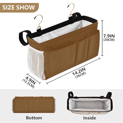 Brown Bedside Caddy Storage Bag Bedside Organizer for Bunk Bed Headboards College Organizer Caddy Hanging Shelf 6 Pockets with Hooks for Drinks Magazine Phone Holder - color: Brown