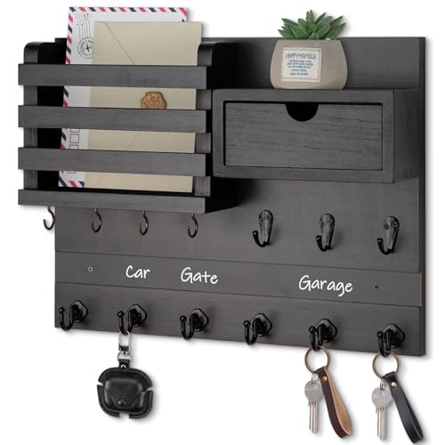 Nekon Key Holder Wall Mount, Rustic Mail and Keys Shelf for Wall Organization with 13 Hooks, Home Decor Accessory with Drawer, Black - color: Black