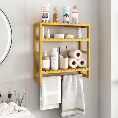 Galood Over The Toilet Storage Bathroom Shelves Wall Mounted 3 Tier Space Saver Corner Shelf Organizer Bamboo Towel Rack Toilet Paper Cabinet with Hanging Rod Yellow - color: Natural 1pack, size: Standard