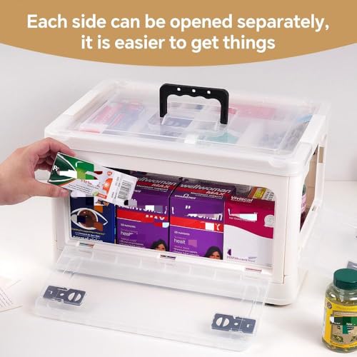 HEY FOLY 30qt Medicine Organizer Storage Box with 4-Side Opening Doors, White Foldable Medication Organizer Empty, Container Case Stackable First Aid Box for Home Storage - color: Foldable 30qt