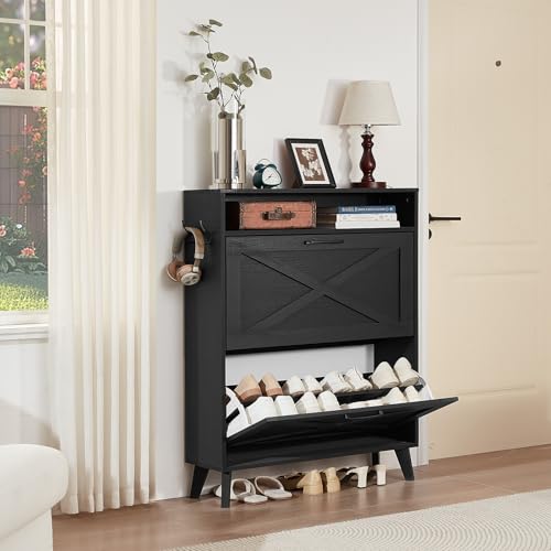 Joaxswe Shoe Cabinet Storage for Entryway with 2 Flip Drawers 2 Hook Open Storage Layer Rack Narrow Organizer Slim Hidden Wood Shoe Cabinet Furniture Black - color: Black