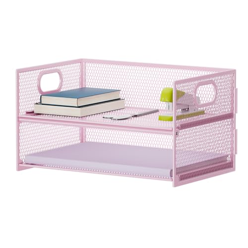 Marbrasse 2 Tier Paper Organizer Letter Tray, Mesh File Organizer with Handle, Paper Sorter Desk Organizer for Home Office Supplies - Pink - color: 2 Tier Pink