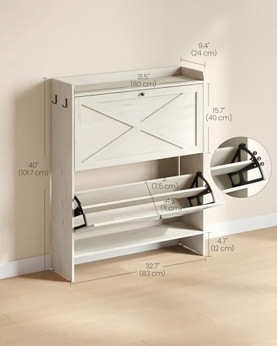 VASAGLE Shoe Storage Cabinet Organizer with 2 Flip Drawers, Freestanding Narrow Shoe Rack Cabinet for Entryway, Farmhouse Style, Fits 14 to 16 Pairs, Rustic White UHSC203WJ01S - color: Rustic White