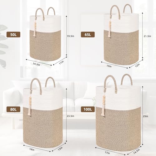 Woven Laundry Basket for Clothes, 80L Large Rectangle Laundry Hampers with Beads Tassel, Nursery Storage Basket for Toys, Tall Dirty Clothes Hamper for Bedroom Aesthetic, Laundry Room Organization - color: Brown, size: 80L