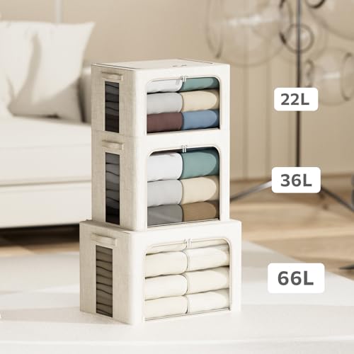 4 Pack Clothes Storage Bins with Metal Frame - 66L Stackable Storage Box with Lid，Foldable Storage Container Organizer for Clothes，Linen Fabric Storage Box with Clear Window＆Zippers＆Handles - color: Beige, size: 66L