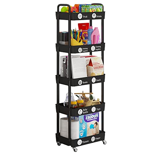 Laiensia Multifunction Utility Rolling Cart, 5-Tier Plastic & Metal Storage Organizer, Black, Lockable Wheels, Modern Style, Indoor Use - color: Black, size: 5-Tier