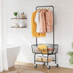 Tajsoon Laundry Cart with Hanging Rack, Metal Laundry Basket with Wheels, Laundry Hamper with Storage Basket and Shelf, Rolling Laundry Cart with Wheels, Black - color: Black