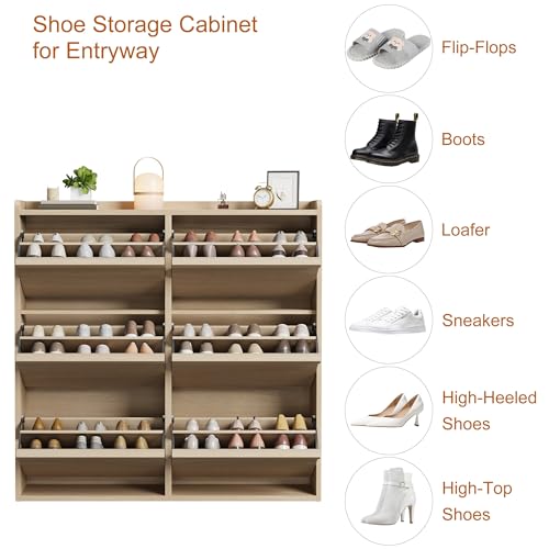 GarveeHome Shoe Cabinet with 6 Flip Drawers, Wooden Shoe Organizer Cabinet with Adjustable Shelf, Shoe Storage for Entryway, Hidden Shoe Cabinet for Hallway, Living Room, Natural Oak - color: Natural Oak, size: 6-Drawers