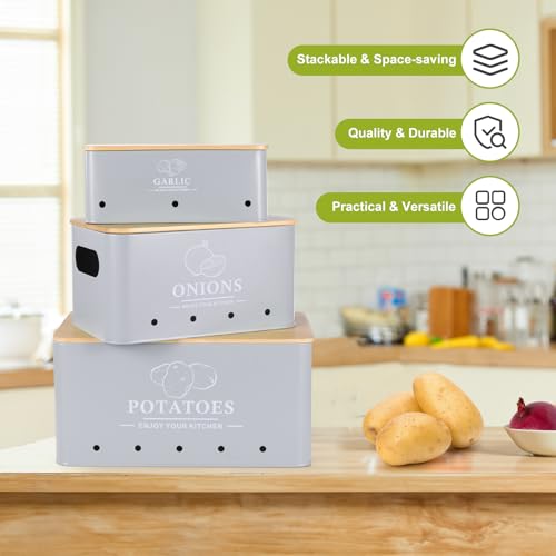 Kitchen Vegetable Storage Set of 3, Metal Onion Garlic Potato Storage Set, Kitchen Canisters Vegetable Keeper Containers with Aerating Holes and Wooden Lid (Grey) - color: Grey