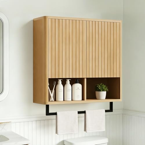 Bathroom Wall Storage Cabinet, Over The Toilet Medicine Cabinet, Hidden Storage & Open Shelves, Small 2-Door Multi-Functional Bathroom Organizer with Towel Bar for Bathroom & Kitchen (Wood) - color: Wood