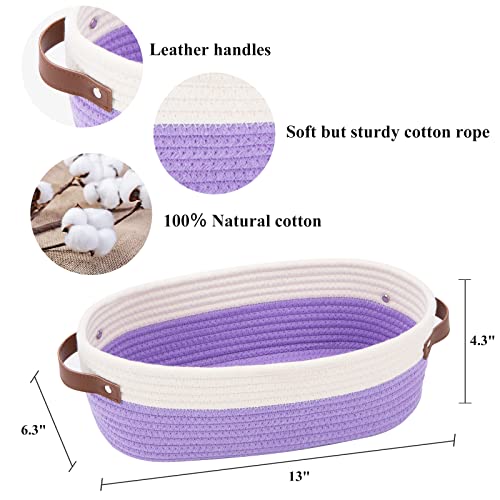 Bathroom Countertop Organizer Basket, Cotton Rope Woven Storage Basket Toilet Paper Decorative Basket for Bathroom, Bedroom, Living Room, Entryway 13"x6.3"x4.3" (Off White/Purple) - color: Off White & Purple