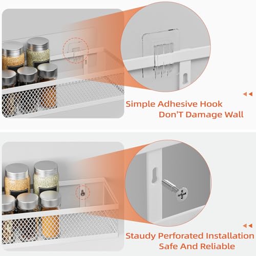 Spice Rack Wall Mount, 4 Pack Wall Spice Rack & Hanging Storage Baskets Organizer Wall Mount, Large Capacity Metal Spice Shelf for Kitchen Cabinet, Pantry Doors, Bathroom, Shower, Home Decor - color: White