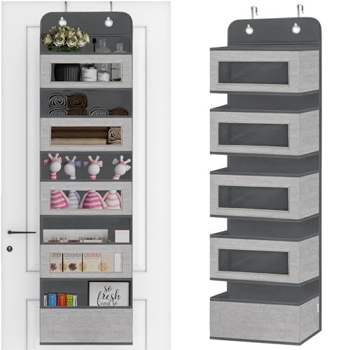 VERONLY Over The Door Hanging Organizer Storage with 5 Large Pockets,Wall Mount Clear Windows and 2 Widened Metal Hooks for Pantry,Nursery,Diapers,Bathroom,Kitchen,Closet,Dorm - color: Dark Grey