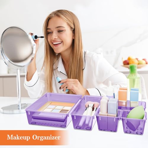 SpaceHacks 25 PCS Plastic Drawer Organizer Set, 4-Size Versatile Organizer Trays & Storage Bins for Makeup, Jewelry, and Gadgets in Bathroom, Bedroom and Office,Clear Purple - color: Clear Purple