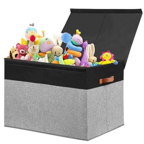 Gowee Large Toy Storage Box with Lid, Sturdy Toys Storage Chest Bin Organizer Basket with Dividers for Kids, Boys, Girls, Nursery, Closet, Bedroom, Playroom 26"x17" x17" (Black and Grey) - color: Black and Grey, size: 26"x17" x17"