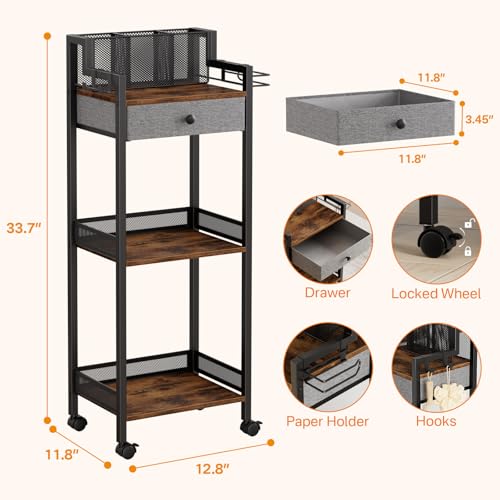 Bathroom Shelves with Drawer, 3 Tier Metal Rolling Standing Unit Storage Organizers with Toilet Paper Holder, Multifunctional Floor Corner Rack for Cosmetic, Dryer Curling Irons 12.8in Wide - color: 12.8“ Black With Drawer