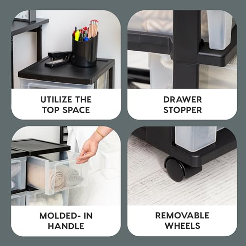 IRIS USA Plastic 3-Drawer Storage Organizer Rolling Cart, with Wheels Casters, 2-Pack, for Classroom Art Supplies Bathroom Dorm Bedroom Laundry Room, Slim Narrow, Black/Clear - color: Black