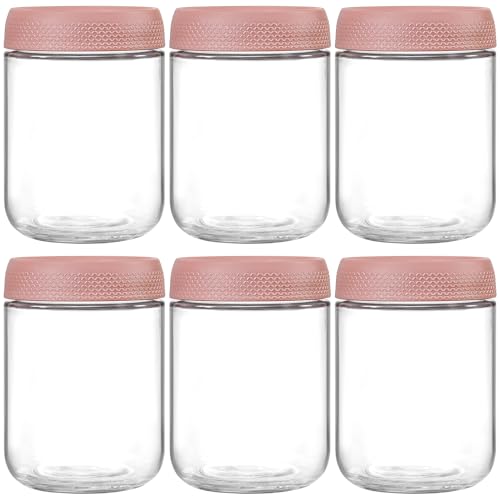 NETANY 6-pack 16oz Glass jars with Airtight Lids, Overnight Oats Containers with Lids, Wide mouth Mason Salad jars, Glass Food Storage Containers for Snacks Yogurt Spice Sugar-Pink - color: Pink-6pack-16oz