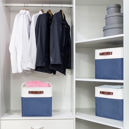 Bagnizer Collapsible Fabric Storage Cubes 11x11 Cube Storage Bins, 4 Pack Closet Baskets Box with Handles for Organizing, Shelf, Toys, Clothes, Home, Office, Nursery (Navyblue&White) - color: NavyBlue / Off-White, size: Cube - 11"x11"x11"