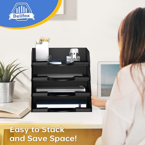4 Pack Stackable Paper Trays for Letter Documents, Desktop File Organizers for Office Supplies, Stackable Desk Tray Holder for Paper Storage, Black - color: Black