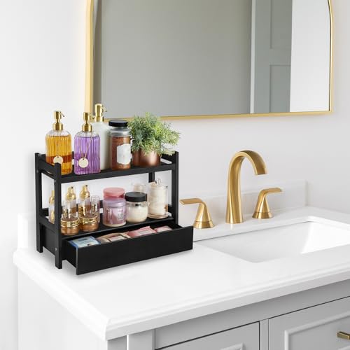 Sorbus Bamboo Bathroom Counter Organizer – 2-Tier Shelf with Hidden Drawer for Vanity, Matcha Station, Bathroom Sink Organizer Countertop, Kitchen & Office Storage (17″ L x 6.5″ W x 12.6″ H) (Black) - color: Black, size: 17" x 6.5" x 12.6"