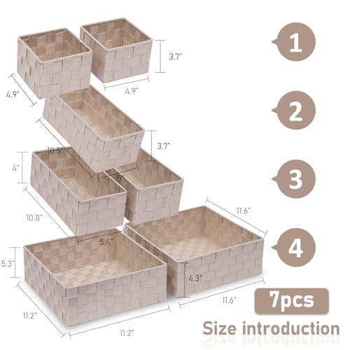 Storage Bins Woven Organizer Set of 7 – Polypropylene Storage Baskets with Metal Frame, Stackable Fabric Boxes for Drawers, Closet, Shelf, Nursery and Office, Beige - color: Beige, size: 7PCS-without lid