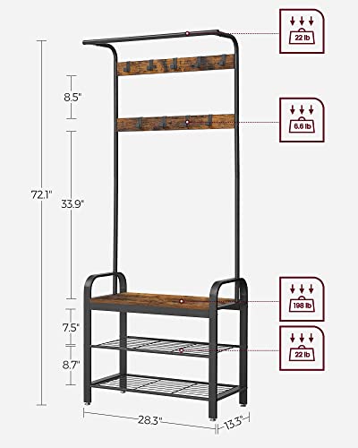 VASAGLE Coat Rack, Hall Tree with Shoe Bench for Entryway, Entryway Bench with Coat Rack, 4-in-1, with 9 Removable Hooks, a Hanging Rod, 13.3 x 28.3 x 72.1 Inches, Rustic Brown and Black UHSR40B - color: Rustic Brown + Black, size: 28.3"W